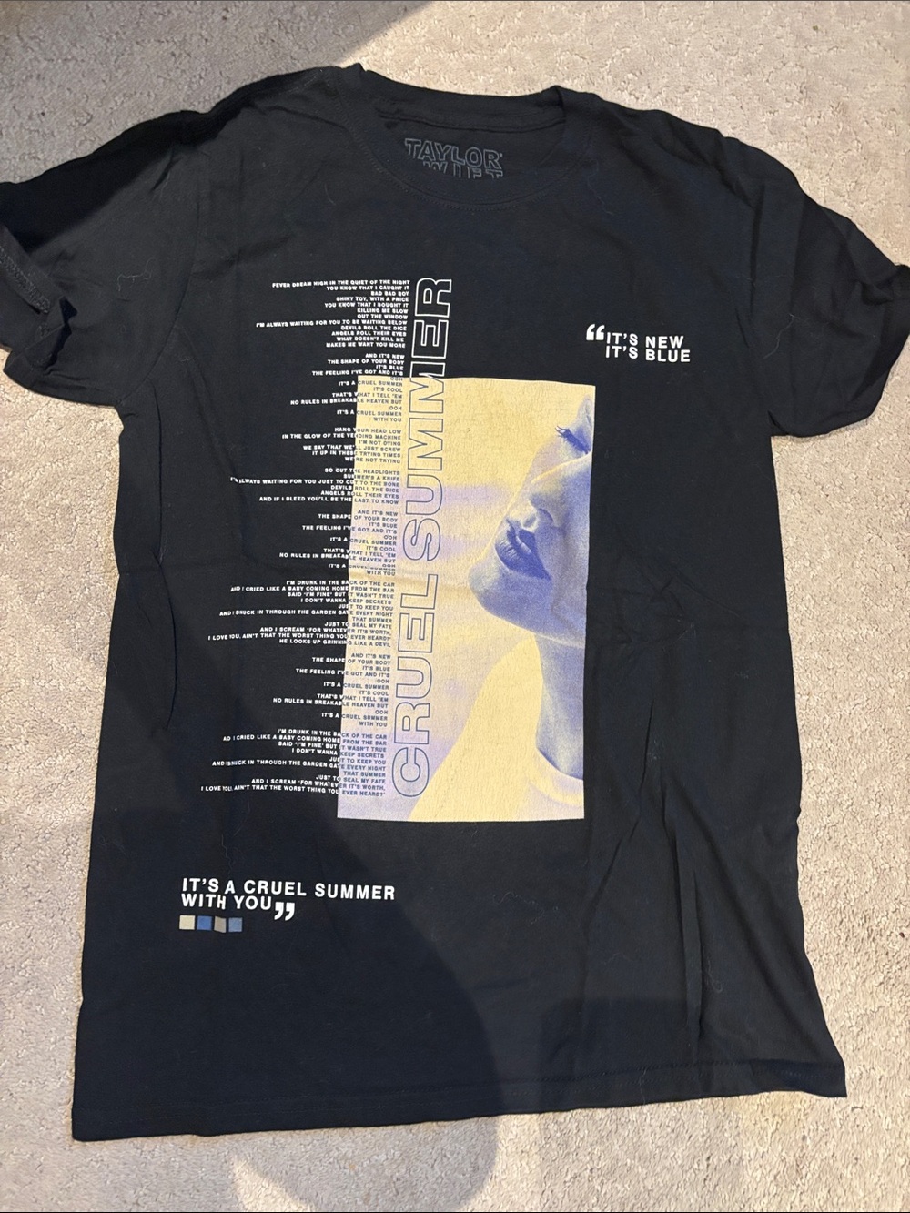 Taylor Swift Black 'Cruel Summer' Graphic Tee with Yellow-Blue Photo Panel